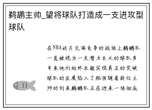 鹈鹕主帅_望将球队打造成一支进攻型球队