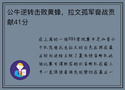 公牛逆转击败黄蜂，拉文孤军奋战贡献41分