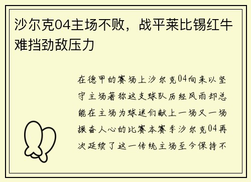 沙尔克04主场不败，战平莱比锡红牛难挡劲敌压力