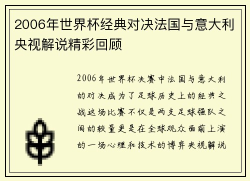 2006年世界杯经典对决法国与意大利央视解说精彩回顾