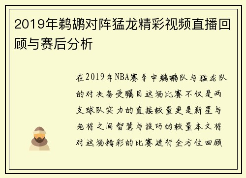2019年鹈鹕对阵猛龙精彩视频直播回顾与赛后分析