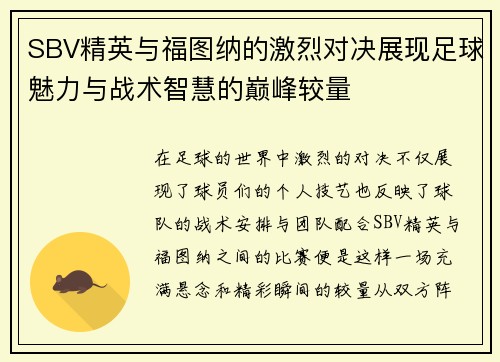 SBV精英与福图纳的激烈对决展现足球魅力与战术智慧的巅峰较量