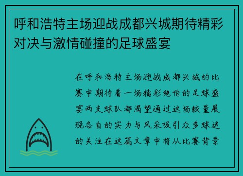呼和浩特主场迎战成都兴城期待精彩对决与激情碰撞的足球盛宴